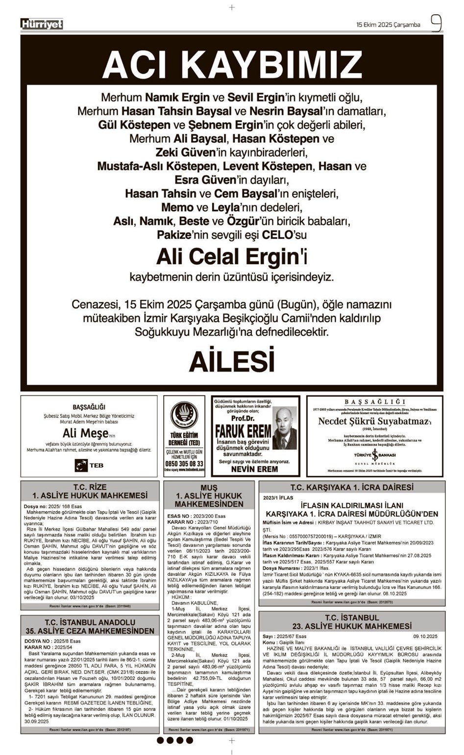 15 Ekim 2025 Vefat İlanları