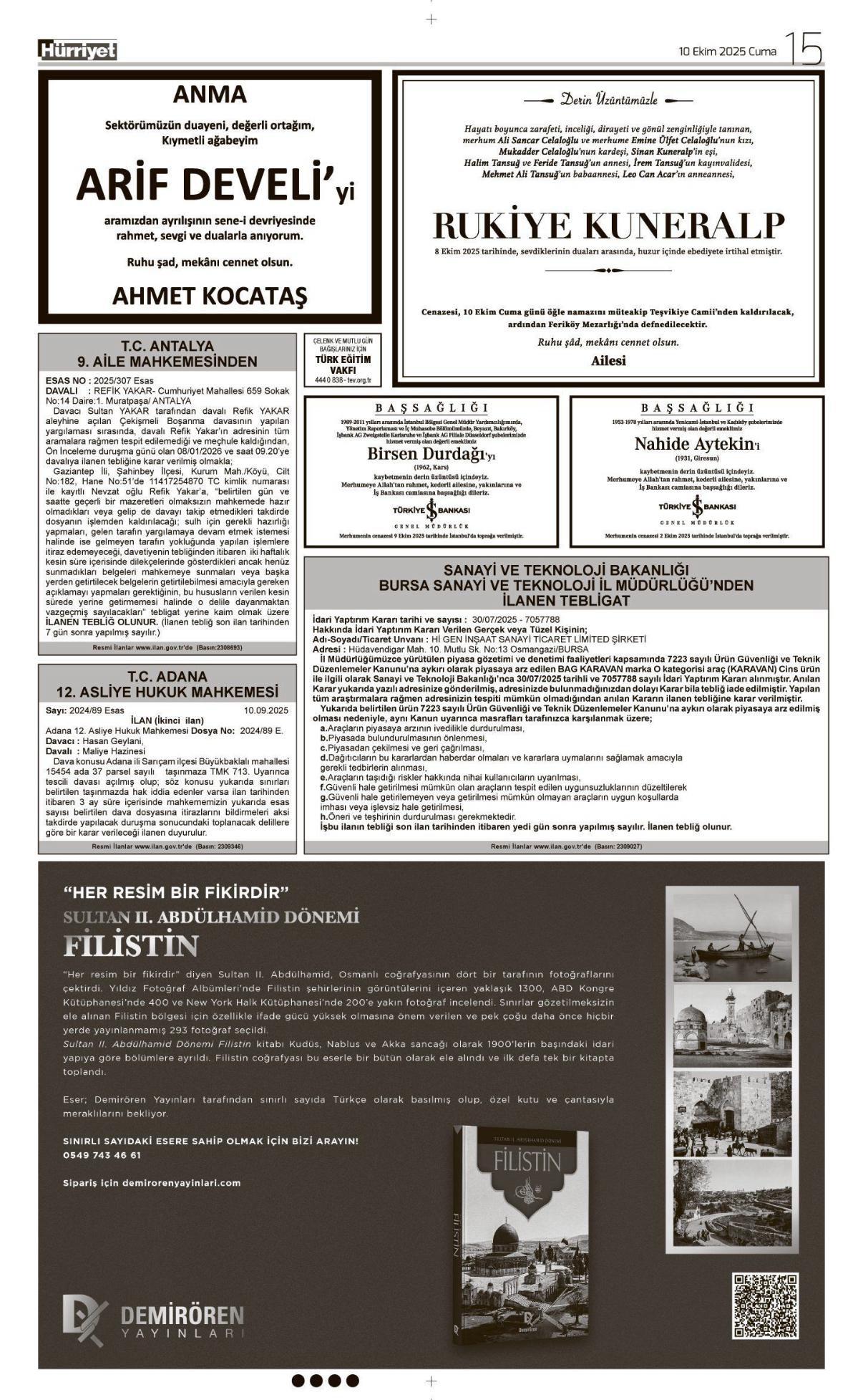 10 Ekim 2025 Vefat İlanları