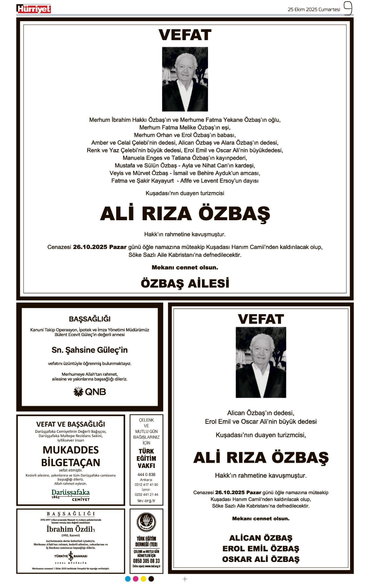 25 Ekim 2025 Vefat İlanları