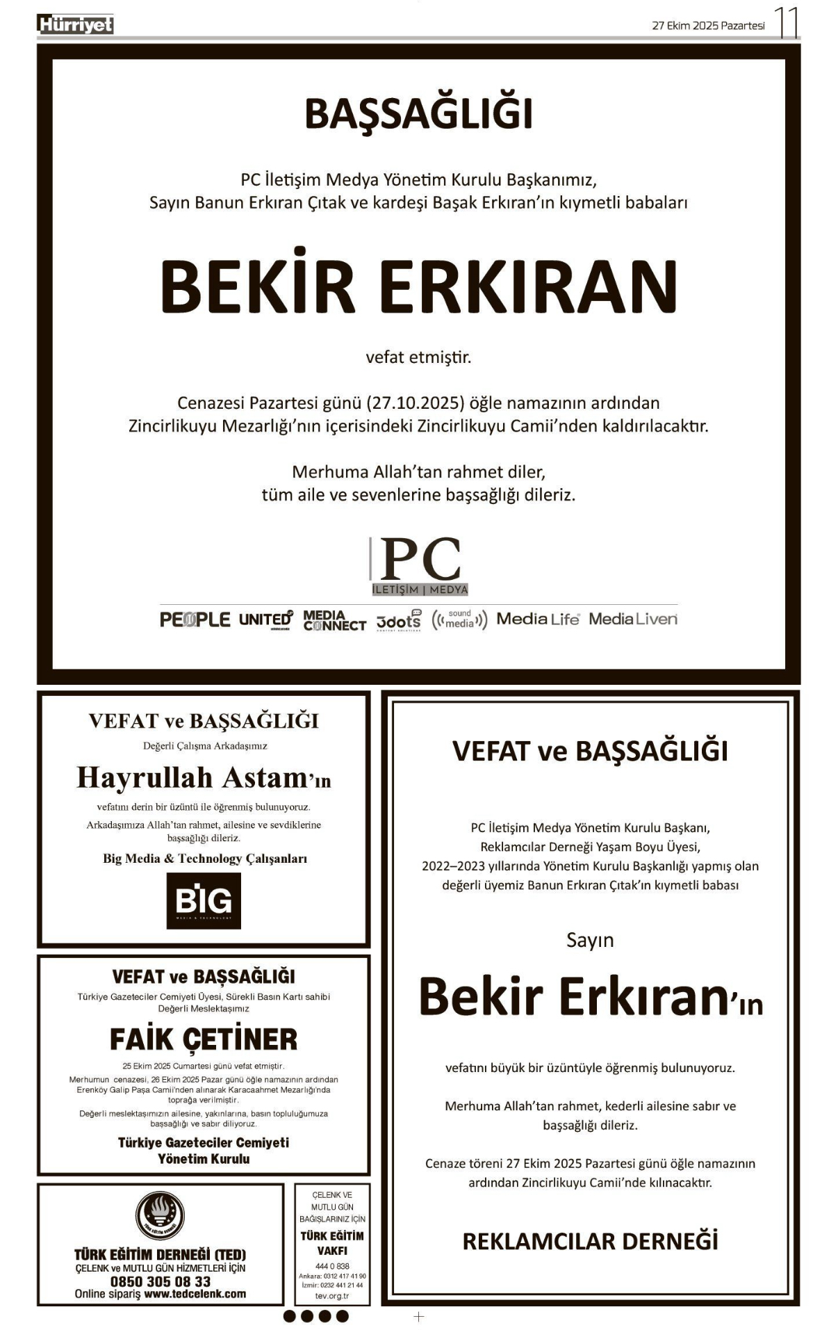 27 Ekim 2025 Vefat İlanları