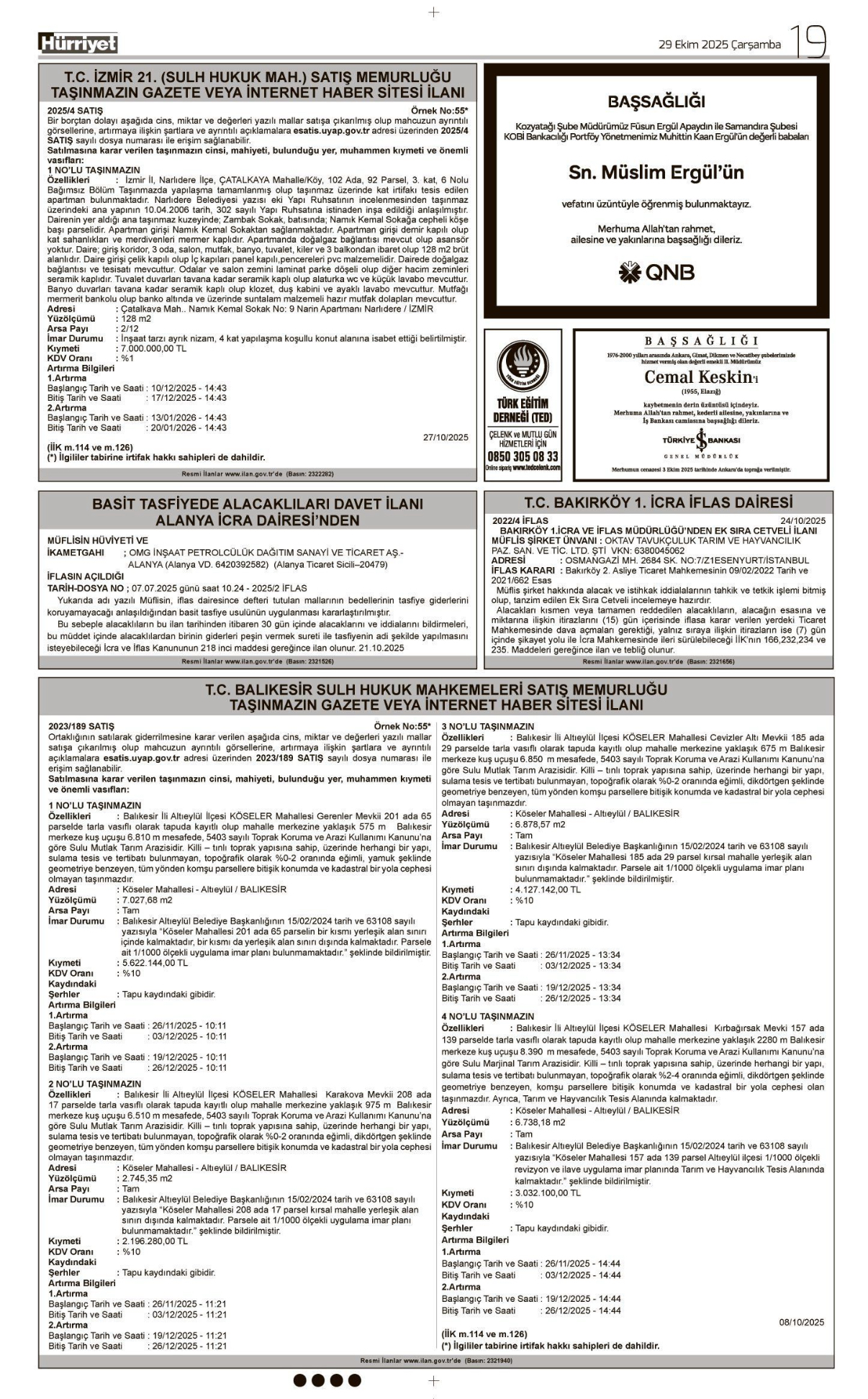 29 Ekim 2025 Vefat İlanları