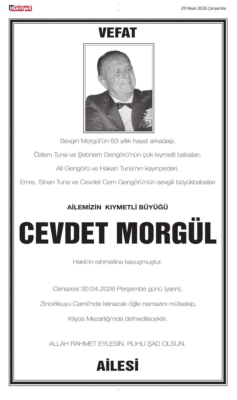 29 Nisan 2026 Vefat İlanları